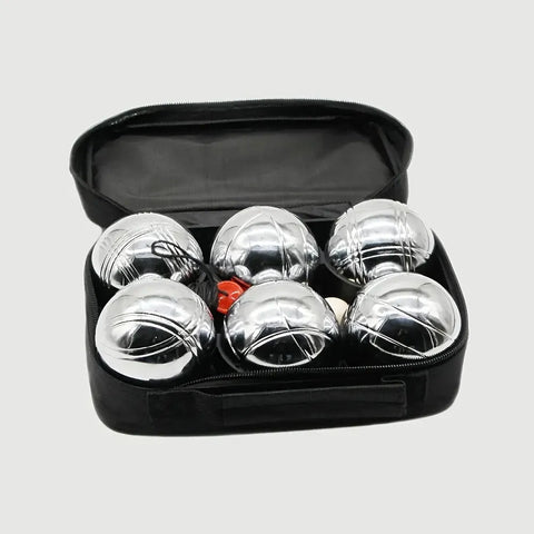 Petanque Boules Set – Chrome & Titanium Plated Steel Balls, with Jack, Measure Tool & Logo Bag, Backyard Beach Lawn Game（6-Ball Set）