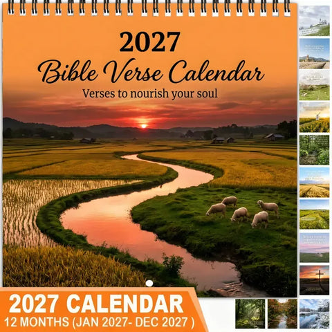 2027 Bible Verse Wall Calendar, 8.3-inch Square with Spiral Coil Binding, Features Healing Landscapes & Scripture Verses Each Month, Large Writing Space, Perfect Faith-Based Decor for Office and Home.