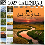 2027 Bible Verse Wall Calendar, 8.3-inch Square with Spiral Coil Binding, Features Healing Landscapes & Scripture Verses Each Month, Large Writing Space, Perfect Faith-Based Decor for Office and Home.