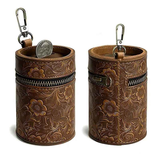 Genuine Leather Carved Barrel Piggy Bank, Natural Top Grain Cowhide Vintage Relief, Zipper Closure Portable