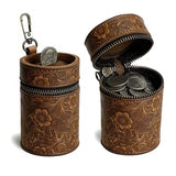 Genuine Leather Carved Barrel Piggy Bank, Natural Top Grain Cowhide Vintage Relief, Zipper Closure Portable