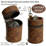 Genuine Leather Carved Barrel Piggy Bank, Natural Top Grain Cowhide Vintage Relief, Zipper Closure Portable