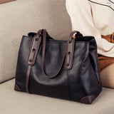 Top-Grain Leather Contrast Tote: Large Capacity Commuter Shoulder & Handbag, Fabric Lining.(Black coffee)