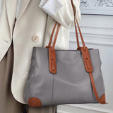 Top-Grain Leather Contrast Tote: Large Capacity Commuter Shoulder & Handbag, Fabric Lining.(Black coffee)