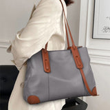Top-Grain Leather Contrast Tote: Large Capacity Commuter Shoulder & Handbag, Fabric Lining.(Black coffee)