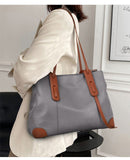 Top-Grain Leather Contrast Tote: Large Capacity Commuter Shoulder & Handbag, Fabric Lining.(Black coffee)