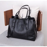Top-Grain Leather Contrast Tote: Large Capacity Commuter Shoulder & Handbag, Fabric Lining.(Black coffee)