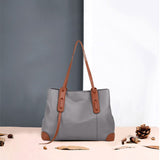 Top-Grain Leather Contrast Tote: Large Capacity Commuter Shoulder & Handbag, Fabric Lining.(Black coffee)