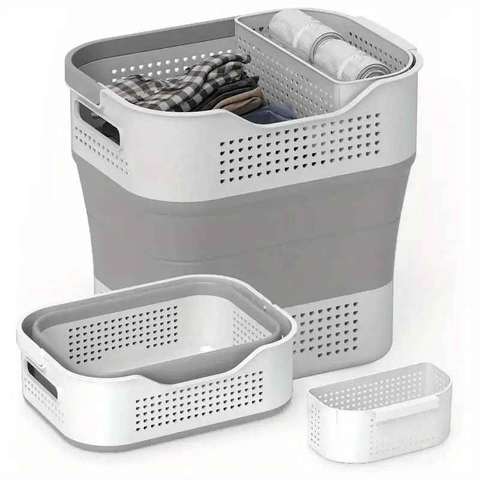 Multi-functional Folding Laundry Basket: Hassle-free Storage, One Basket for All Your Clothes Sorting.Light grey
