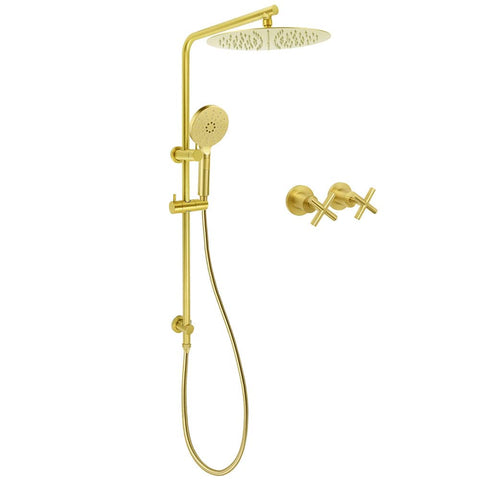WELS Brushed Gold Twin Shower Large Round 12" Rain Head Handheld Silde Wall Rail Arm Stylish Mixer | darrahopens.com.au Premium AU Stock
