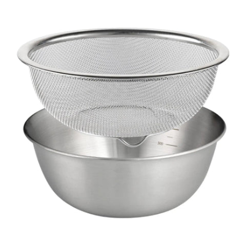2 Pcs 304 Stainless Steel Colander With Mixing Bowl, Drainer Basket and Rinser for Pasta Rice Fruit, 18 cm
