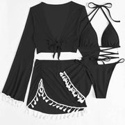 4 Piece Black Womens Bikini Swimsuit Set, Solid Bandage Push Up Padded Beachwear, Size S In Australia - Darrahopens