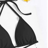 4 Piece Black Womens Bikini Swimsuit Set, Solid Bandage Push Up Padded Beachwear, Size S