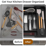 Black Extra Large Expandable Silverware Organizer, BPA Free Food Safe Cutlery and Kitchen Utensil Drawer Tray