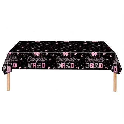 1 Pc Graduation 2026 Party Decoration Set, Pink Bow Decor Black Disposable Cups and Plastic Tablecloth, 54 x 108 in