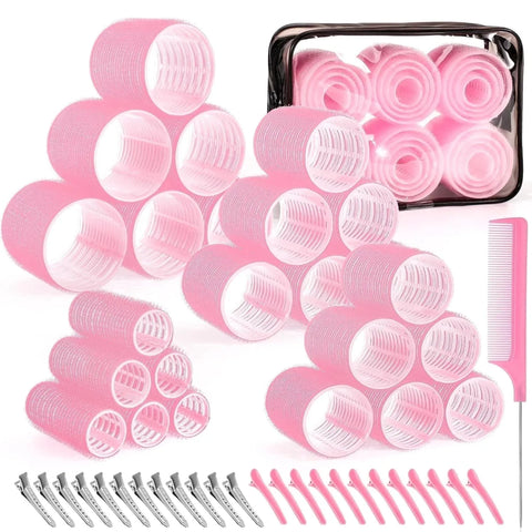 50 Pcs Pink Self Grip Hair Rollers Set With Clips for Long Short Hair and Bangs, 25 mm, 36 mm, 48 mm, 60 mm