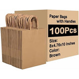 100 Pcs Brown Kraft Gift Bags With Handles, Medium Paper Bags for Craft Shopping Business Party Favor Retail Grocery, 5.91* 3.15 * 8.27in