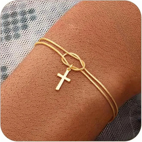 Cross Bracelet for Women, Dainty 14K Gold Plated or Silver Plated Pearl Knot Chain Religious Charm Jewelry