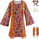 Hippie Disco 70s Costume for Women, Headband, Dress, Ankle Socks, Peace Symbol for Ladies Cosplay Party Orange L Orange L_max Orange L