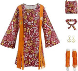 Hippie Disco 70s Costume for Women, Headband, Dress, Ankle Socks, Peace Symbol for Ladies Cosplay Party Orange L Orange L_max Orange L