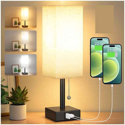 Dimmable Bedside Lamp with USB A and USB C Charging Ports LED Bulb Pull Chain Switch, 3000K 4000K 5000K