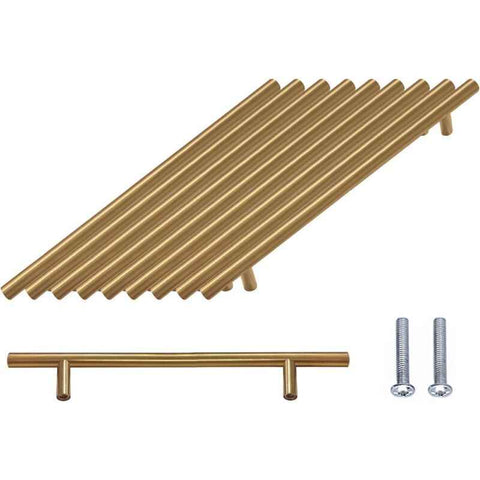 10 Pieces T Bar Handle, Pack Cabinet Door Brushed Stainless Steel Hardware for Kitchen Cabinets Pull Handle Hole Centers Gold, 160mm