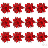 Christmas Flowers, 12 Glitter Christmas Flowers, Hollow Glitter Christmas Flower, Poinsettia Christmas Tree Artificial Flowers Ornament, Christmas