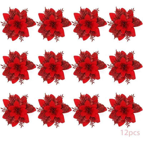 Christmas Flowers, 12 Glitter Christmas Flowers, Hollow Glitter Christmas Flower, Poinsettia Christmas Tree Artificial Flowers Ornament, Christmas