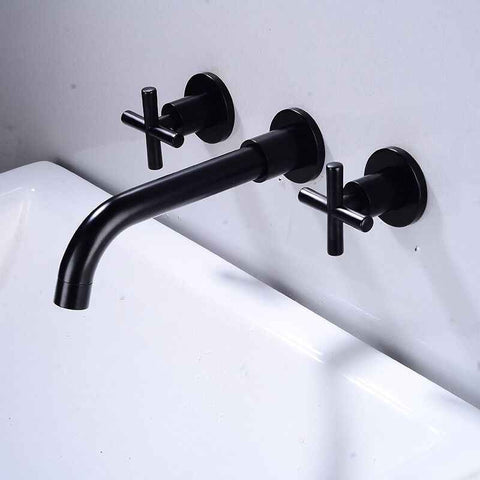 Basin Mixer Tap Matte Black Wall Mounted Bathroom Faucet Double Handle Brass Basin Mixer with Rough inch Valve Included