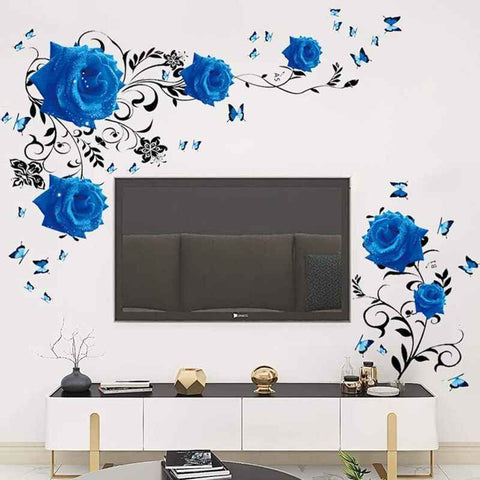 Wall Decal, Blue Rose Wall Stickers Blue Peony Floral Wall Decor Vinyl Wall Art for Bedroom TV Wall Decor