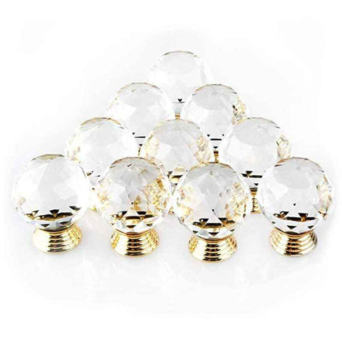 10 Pack Handle Door Knob Diameter Crystal Gold, Cabinet Knobs Mant Round Glass Knobs Decoration for Furniture Drawer, 30mm