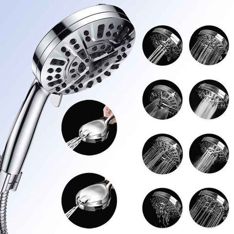 High Pressure Handheld Shower Head with 8 Spray Settings and 2 Spray Modes with Stainless Steel Hose, 1.5m