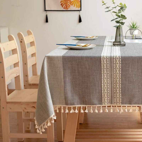 Tablecloths, Embroidery Table Cloth Washable Cotton Linen Tassel Tablecloth, Anti Fade Wrinkle Free Table Cover, Grey, 100 x 160cm