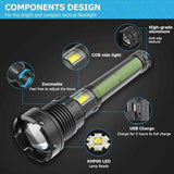 LED Tactical Flashlight 90000 Lumens COB USB Rechargeable IP65 Waterproof with 10000mAh Battery