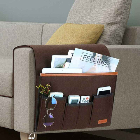 Sofa Armrest Organizer, Storage Chair Bag with 5 Pockets, Chair Cover for Remote Control, iPad, Magazine, Glasses, Brown In Australia - Darrahopens
