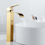 Waterfall Basin Tap, Flat Spout Sink Mixer Tap, Hot and Cold Water Available Bathroom Tap, Modern Chrome Style, Top, Gold, 750G In Australia - Darrahopens