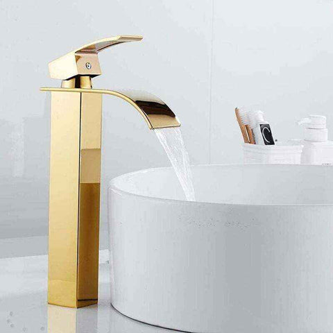 Waterfall Basin Tap, Flat Spout Sink Mixer Tap, Hot and Cold Water Available Bathroom Tap, Modern Chrome Style, Top, Gold, 750G In Australia - Darrahopens