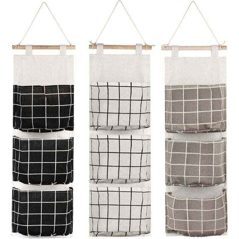 3 Pcs Hanging Storage Bag with 3 Pockets, Fabric Wall Shelf Basket Storage Pouch Organizer for Bedroom Bathroom Kitchen, Waterproof and Stylish