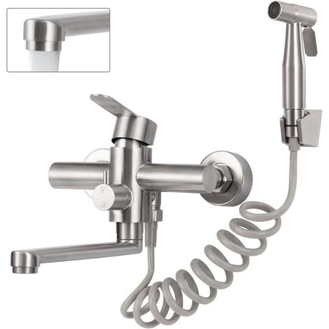 Wall Mounted Kitchen Faucet, Wall Mounted Kitchen Mixer Tap with Spray Gun, 360 Degree Swivel Mixer Tap, Rotatable Tube, Stainless Steel, 23 cm In Australia - Darrahopens