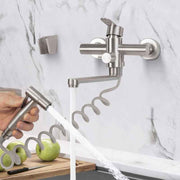 Wall Mounted Kitchen Faucet, Wall Mounted Kitchen Mixer Tap with Spray Gun, 360 Degree Swivel Mixer Tap, Rotatable Tube, Stainless Steel, 23 cm