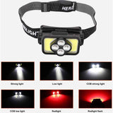 COB Headlamp USB Rechargeable LED Headlamp IPX4 Waterproof Head Lamp with Motion Sensor for Outdoor Fishing Camping In Australia - Darrahopens