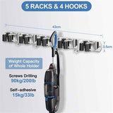 Wall Mounted Broom Holder, Stainless Steel Broom Holder, Storage Hanger Rack for Kitchen, Laundry Room, Garage Organization, 5 Slots and 4 Hooks