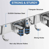Wall Mounted Broom Holder, Stainless Steel Broom Holder, Storage Hanger Rack for Kitchen, Laundry Room, Garage Organization, 5 Slots and 4 Hooks