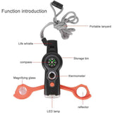 7 in 1 Emergency Survival Whistle, LED Thermometer, Compass, Multi-Function Whistle for Hiking, Climbing, Orange