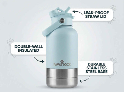 Pawstock 3-in-1 Insulated Dog Water Bottle with Dual Bowls – 1L Stainless Steel Travel Bottle-Aqua