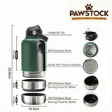 Pawstock 3-in-1 Insulated Dog Water Bottle with Dual Bowls – 1L Stainless Steel Travel Bottle-Rainforest Green