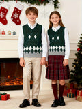 BX0004-DARK 100% Cotton Kids V-Neck Argyle Sweater Vest, Boys and Girls School Uniform Knitwear, Dark Green, Size 110