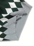 BX0004-DARK 100% Cotton Kids V-Neck Argyle Sweater Vest, Boys and Girls School Uniform Knitwear, Dark Green, Size 110