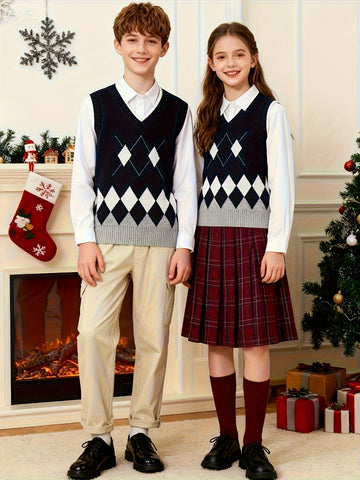BX0004-NAVY 100% Cotton Kids V-Neck Argyle Sweater Vest, Boys and Girls School Uniform Knitwear, Navy Blue, Size 110 In Australia - Darrahopens