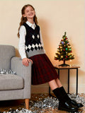 BX0004-NAVY 100% Cotton Kids V-Neck Argyle Sweater Vest, Boys and Girls School Uniform Knitwear, Navy Blue, Size 110